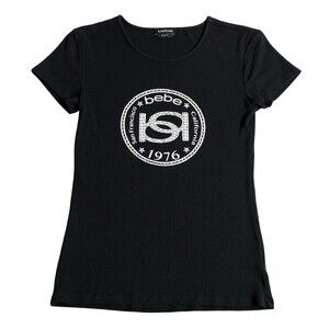 Bebe Top Womens M Black McBling Rhinestone Y2K Logo Stretch Ribbed Short Sleeve